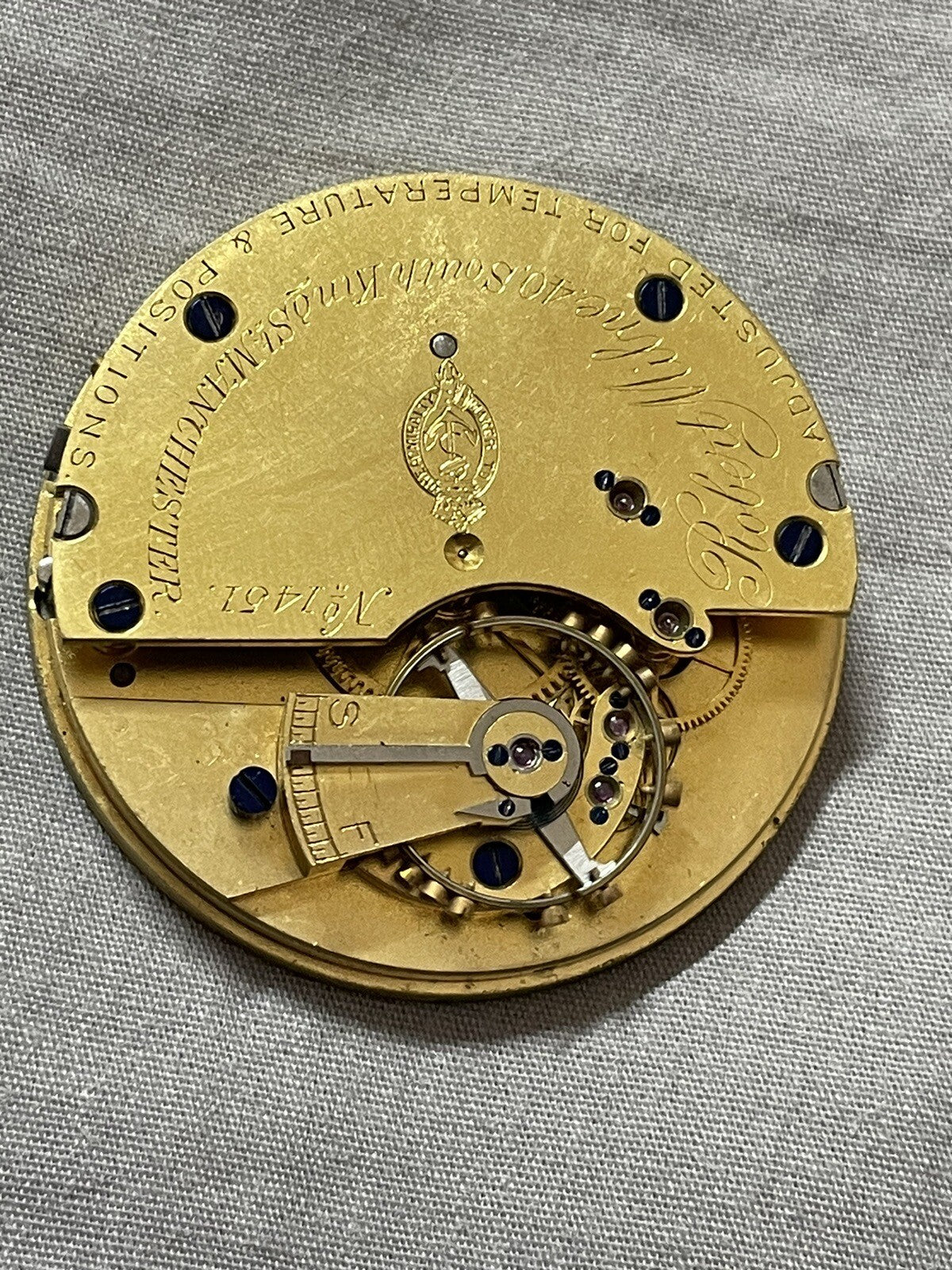 English Pocket Watch Movement By Robert Milne Manchester XR6